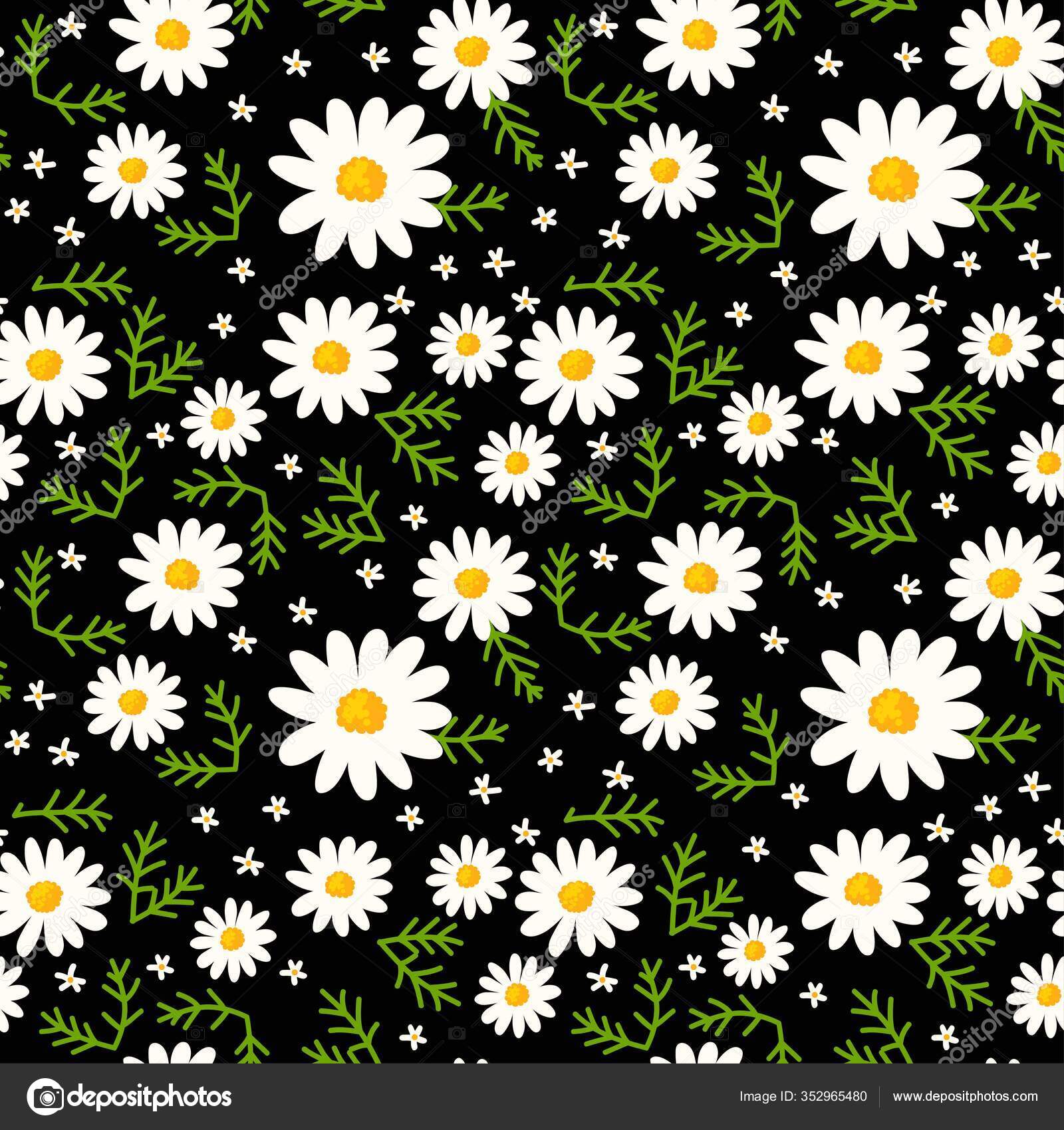 Daisy Seamless Pattern On Black Background Floral Ditsy Print With Small White Flowers And Green Leaves Chamomile Trend Design Great For Fashion Fabric Trend Textile And Wallpaper Vector Image By C