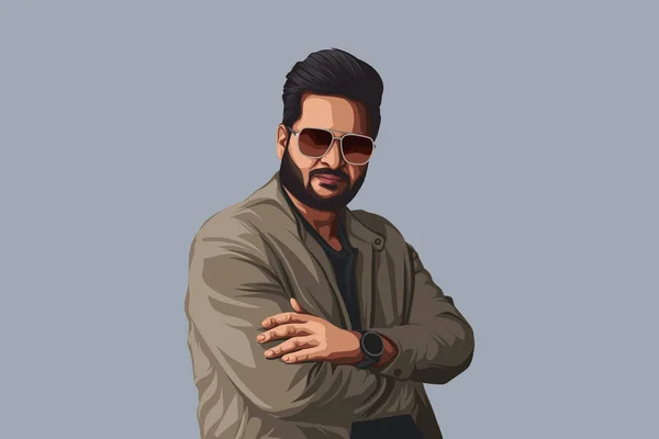 Vector Ilustración Dibujos Animados Hombre Barba Pie Con Gafas Sol — Vector de stock