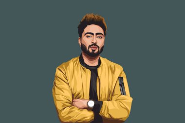 Punjabi şarkıcısı Nishawn Bhullar 'ın sarı ceket ve saat giydiği vektör çizgi film çizimi. Renkli bir arkaplanda izole edilmiş.