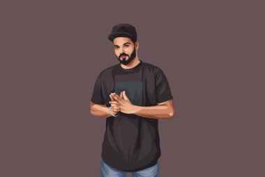 Punjabi şarkıcısı Harry Azeez 'in kafasında şapkayla durduğu bir karikatür çizimi. Renkli bir arkaplanda izole edilmiş.
