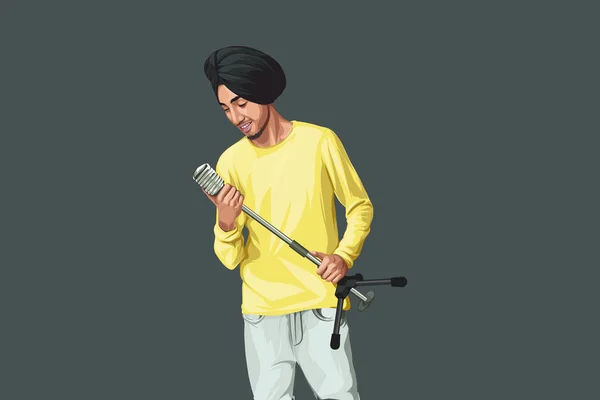 Punjabi歌手Kp Singh手にステージマイクを保持のベクトル漫画イラスト 色付きの背景に隔離された — ストックベクタ