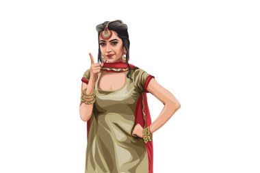 Hintli model şarkıcı Bhumika Sharma 'nın Punjabi takım elbise giydiği bir çizgi film çizimi. Beyaz bir arkaplanda izole edilmiş.