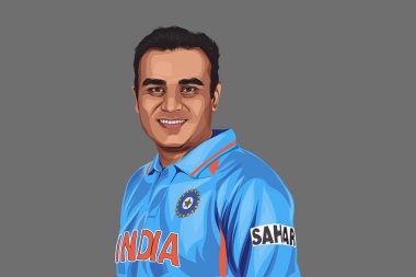 Hintli eski kriket oyuncusu Virender Sehwag 'ın mavi formayı giydiği vektör çizimi. Renkli bir arkaplanda izole edilmiş.