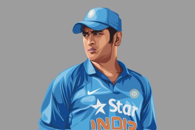Hintli kriket oyuncusu Mahendra Singh Dhoni 'nin çizdiği mavi forma. Renkli bir arkaplanda izole edilmiş.