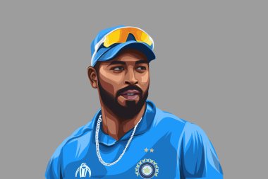 Hintli kriket oyuncusu Hardik Pandya 'nın mavi formayı giydiği vektör karikatür çizimi. Renkli bir arkaplanda izole edilmiş.