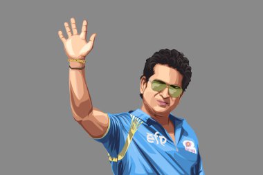 Hintli eski kriket oyuncusu ve mavi forma giyen Kaptan Sachin Tendulkar 'ın vektör çizimi. Renkli bir arkaplanda izole edilmiş.