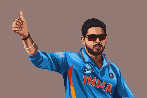 印度板球运动员Yuvraj Singh穿着蓝色球衣的矢量卡通画 在彩色背景上被隔离 — 图库矢量图片