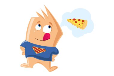 Pizza hakkında düşünen keskin canavarın vektör çizgi film çizimi. Beyaz bir arkaplanda izole edilmiş.