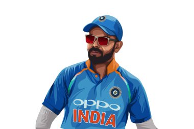Hint kriket oyuncusu ve mavi formalı Kaptan Virat Kohli 'nin vektör çizimi. Beyaz bir arkaplanda izole edilmiş.