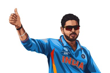 Mavi formayı giyen Hintli kriket oyuncusu Yuvraj Singh 'in vektör çizimi. Beyaz bir arkaplanda izole edilmiş.