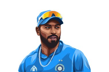 Hintli kriket oyuncusu Hardik Pandya 'nın mavi formayı giydiği vektör karikatür çizimi. Beyaz bir arkaplanda izole edilmiş.
