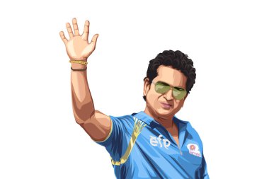 Hintli eski kriket oyuncusu ve mavi forma giyen Kaptan Sachin Tendulkar 'ın vektör çizimi. Beyaz bir arkaplanda izole edilmiş.