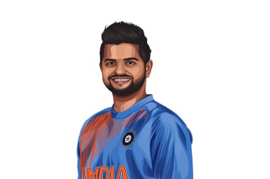 Hintli kriket oyuncusu Suresh Kumar Raina 'nın, mavi formayı giymiş, vektör çizimi. Beyaz bir arkaplanda izole edilmiş.