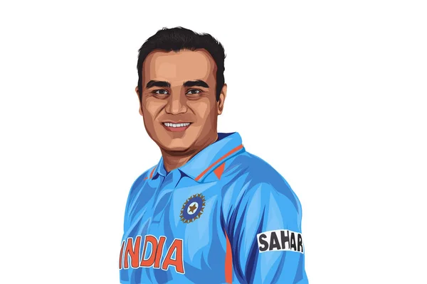 Vector Cartoon Illustration Indian Former Cricketer Virender Sehwag Wearing Blue — Stock Vector