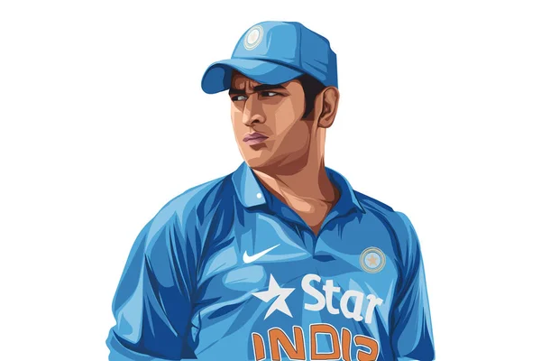 Hintli kriket oyuncusu Mahendra Singh Dhoni 'nin çizdiği mavi forma. Beyaz bir arkaplanda izole edilmiş.