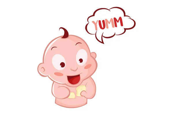 Desenho Animado Vetor Ilustração Bebê Bonito Comer Alimentos Cartas Texto — Vetor de Stock