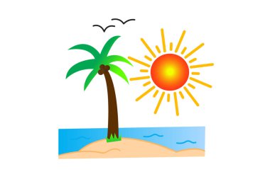 Palmiye ağacı ve güneşin vektör çizimi. Beyaz arkaplanda izole.
