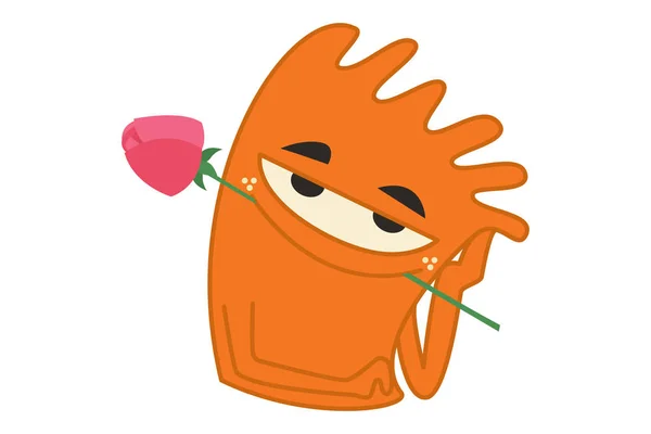 Vector Cartoon Illustration Orange Monster Holding Red Flower Mouth Isolated — Stock Vector