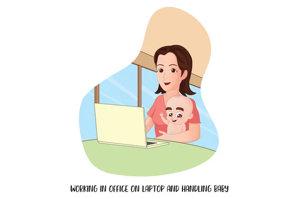 Vektor Tecknad Illustration Kvinna Som Arbetar Kontoret Och Hantera Baby — Stock vektor