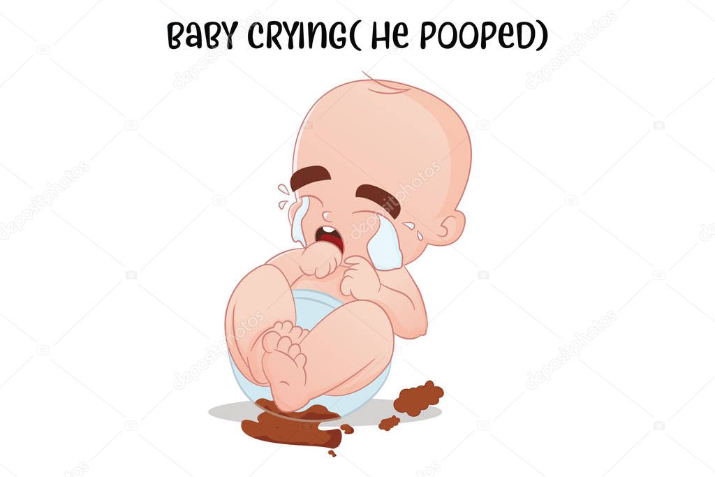 Vector cartoon illustration of crying baby. Lettering text - Baby crying (He pooped). Isolated on white background.