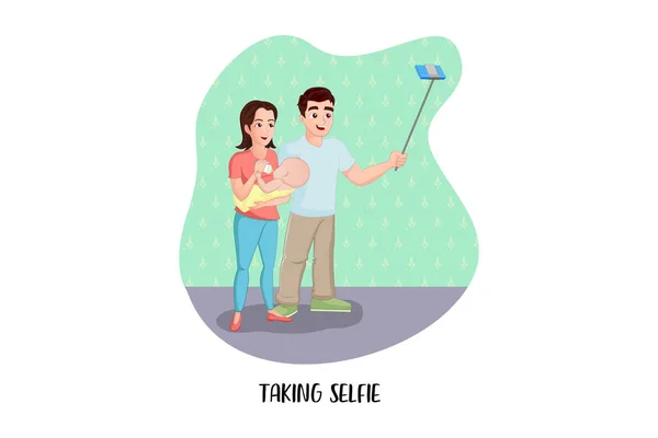 Vektor Tecknad Illustration Mamma Pappa Och Barnet Tar Selfie Isolerad — Stock vektor