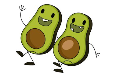 Vector cartoon illustration. Avocados are dancing. Isolated on a white background.