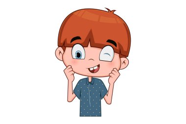 Vector cartoon illustration of a cute boy pulling cheeks. Isolated on a white background.