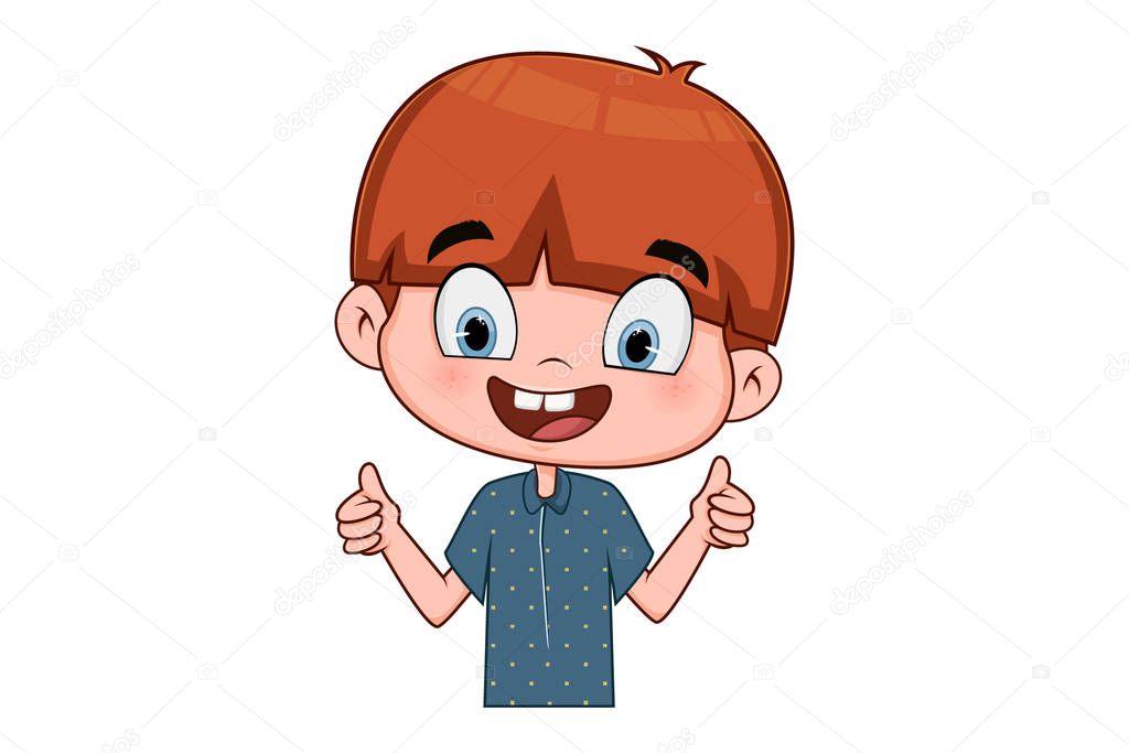 Vector cartoon illustration of a cute boy showing thumbs-up. Isolated on a white background.