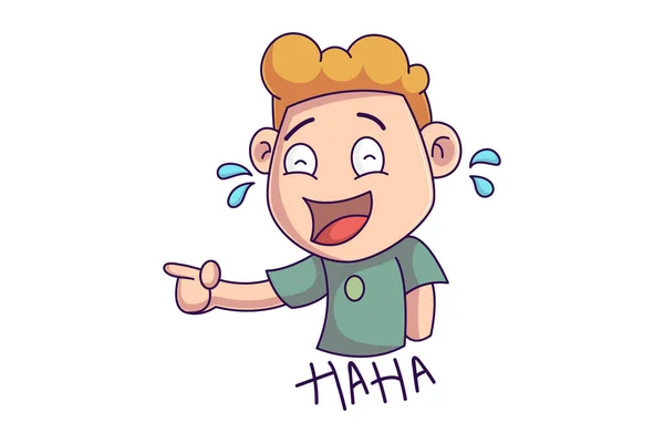 Vector Cartoon Illustration Boy Laughing Lettering Text Haha Isolated White — 스톡 벡터