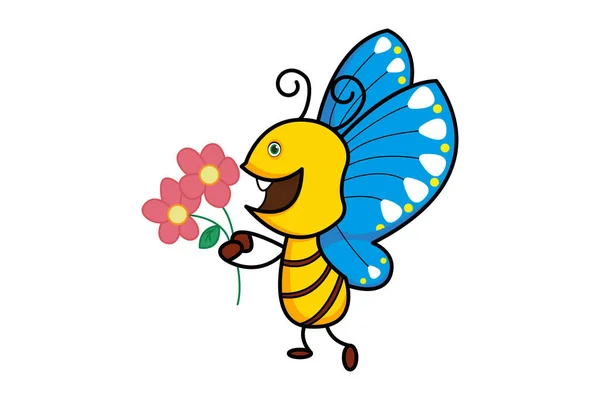 Vector Cartoon Illustratie Van Vlinder Met Bloemen Geïsoleerd Witte Achtergrond — Stockvector