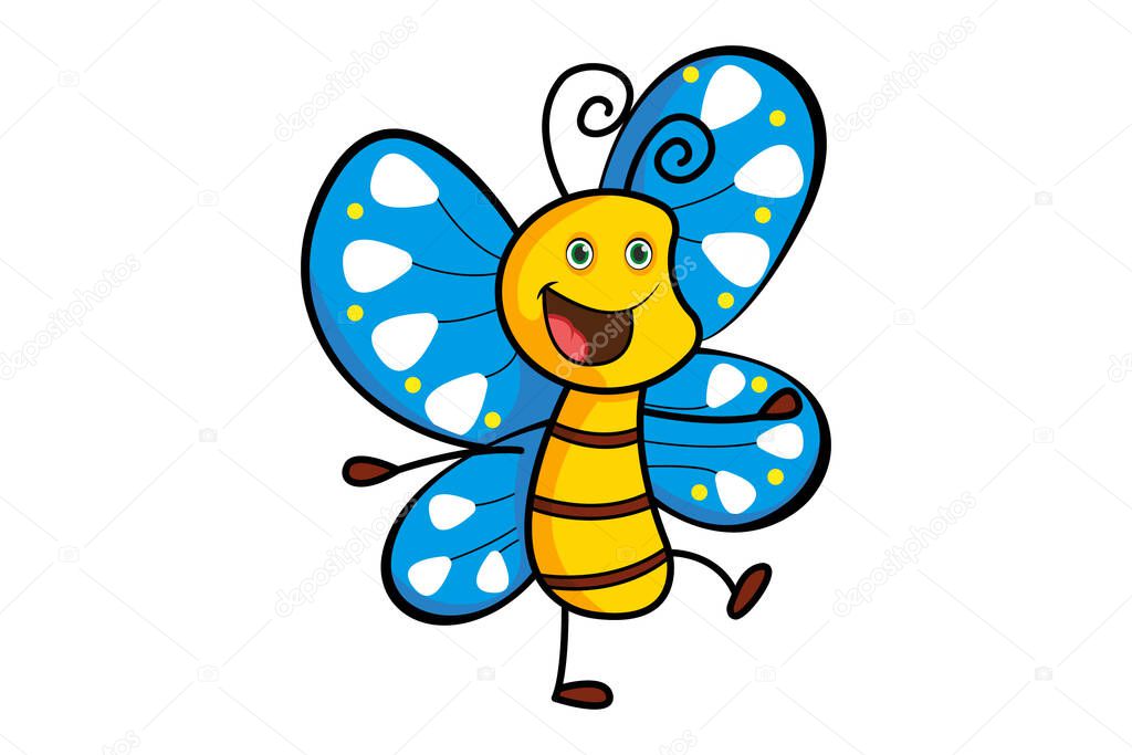 Vector cartoon illustration of the cute butterfly dancing. Isolated on white background.
