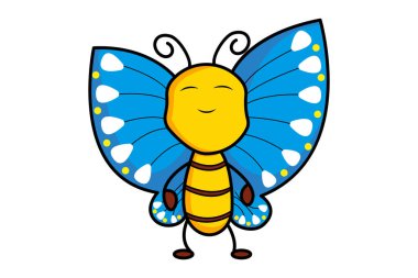 Vector cartoon illustration of the happy butterfly. Isolated on white background.