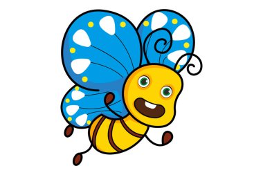 Vector cartoon illustration of the happy butterfly. Isolated on white background.