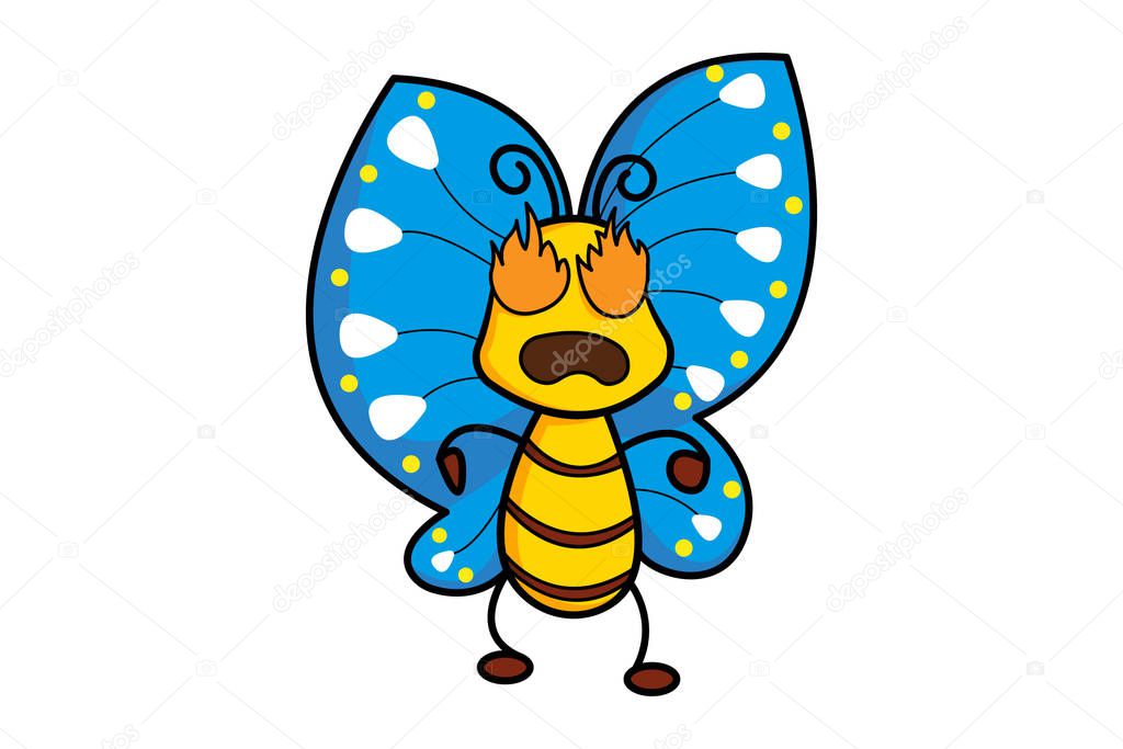 Vector cartoon illustration of the angry butterfly. Isolated on white background.