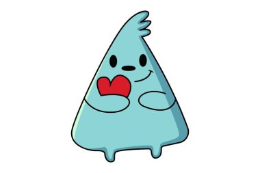 Bir kalbi elinde tutan sevimli emoji karakterinin vektör çizimi. Beyaz arkaplanda izole.