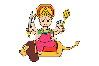 Tanrıça Durga 'nın aslan üzerindeki vektör çizimi. Beyaz arkaplanda izole.