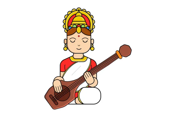 Vektorová Kreslená Ilustrace Bohyně Saraswati Izolováno Bílém Pozadí — Stockový vektor