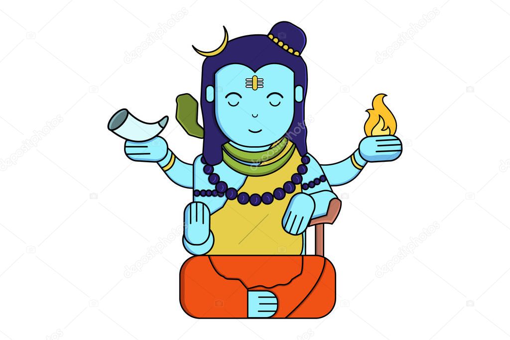 Vector cartoon illustration of God Shiva. Isolated on white background.