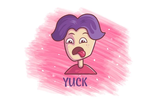 奇妙な表情をした少年のベクトル漫画イラスト 手紙のテキスト Yuck 白地に隔離された — ストックベクタ