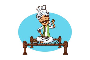 Haryanvi erkeğinin yemek yediği vektör çizgi film çizimi. Beyaz arkaplanda izole.