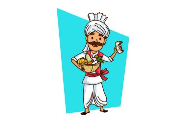 Elinde sebze sepeti olan Haryanvi bir adamın vektör çizimi. Beyaz arkaplanda izole.