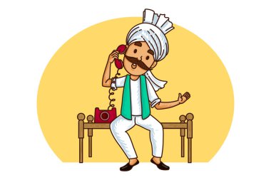 Haryanvi 'nin telefonda konuştuğu vektör karikatür çizimi. Beyaz arkaplanda izole.