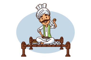 Haryanvi erkeğinin yemek yediği vektör çizgi film çizimi. Beyaz arkaplanda izole.