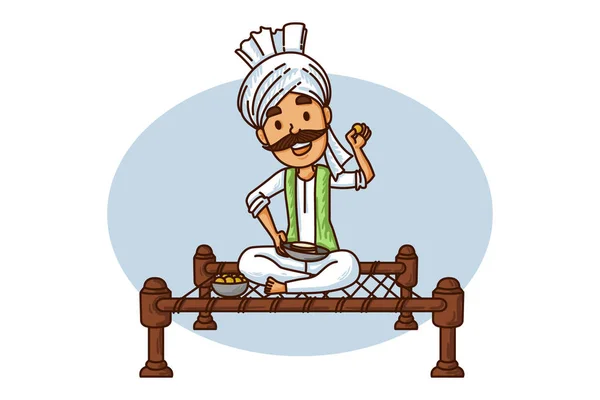 Vektor Cartoon Illustration Eines Mannes Aus Haryanvi Beim Essen Isoliert — Stockvektor