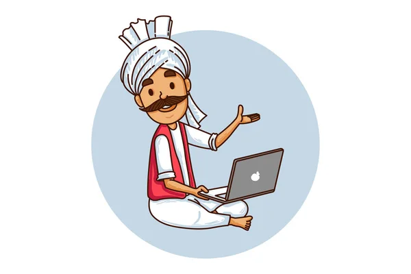Vektor Rajzfilm Illusztráció Haryanvi Férfi Dolgozik Egy Laptop Fehér Alapon — Stock Vector