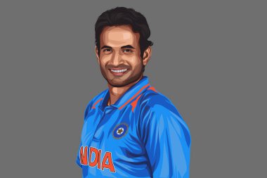 Hintli kriket oyuncusu Irfan Pathan 'ın mavi formayı giydiği vektör çizimi. Renkli bir arkaplanda izole edilmiş.
