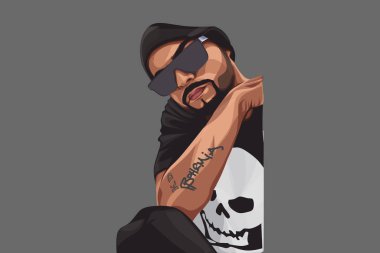 Punjabi rapçisi Bohemya 'nın şapka ve güneş gözlüğü taktığı vektör karikatür çizimi. Beyaz arkaplanda izole.