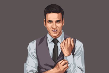 Aktör Akshay Kumar 'ın vektör çizimi. Renkli arkaplanda izole.