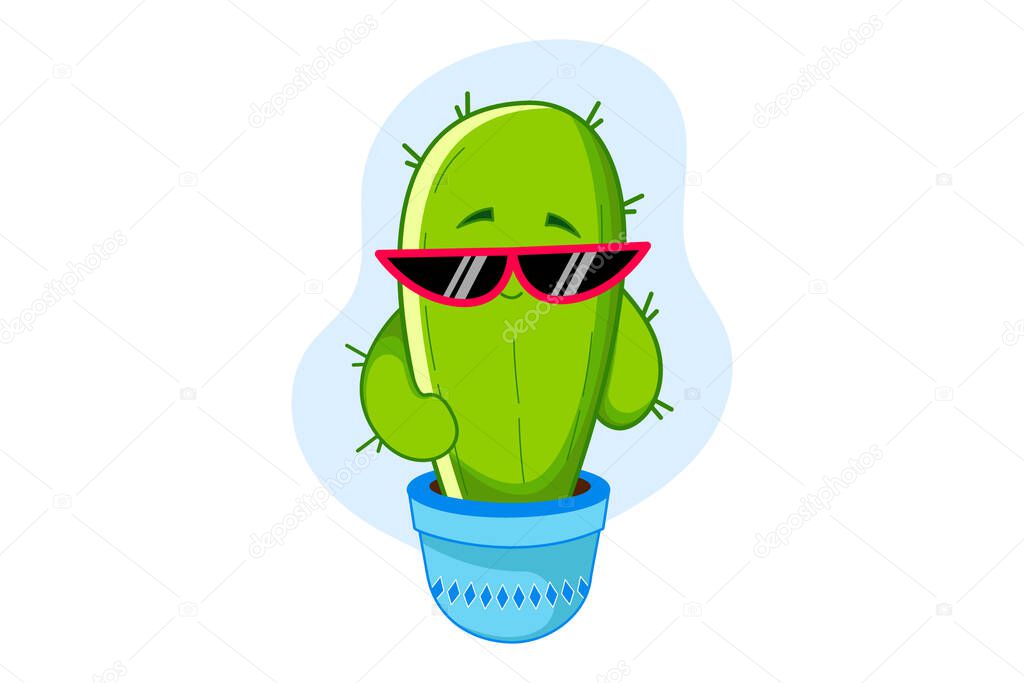 Vector cartoon illustration of cactus in the pot wearing sunglasses. Isolated on white background.