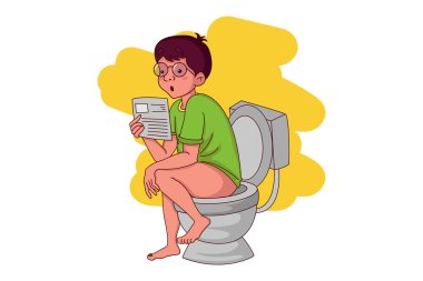 Tuvalet çarşafında oturmuş kitap okuyan bir çocuğun vektör çizimi. Beyaz arkaplanda izole.